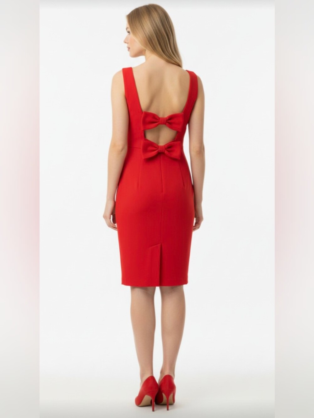 NIGHT WAY! RICH FLAME RED DOUBLE BOW BACK SHIFT STYLE SLEEVELESS DRESS! SZ 12